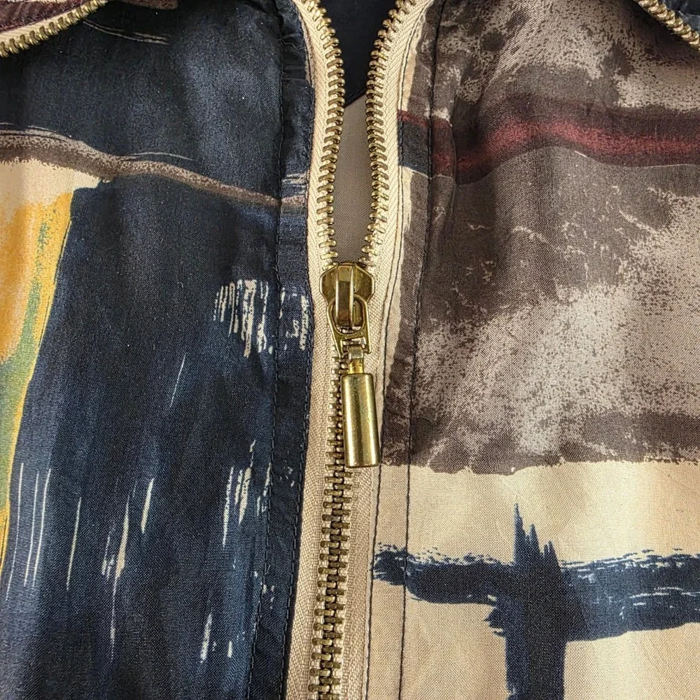 Vintage 90s Silk Bomber Jacket Abstract Geometric Large Maximalist 80s Eclectic